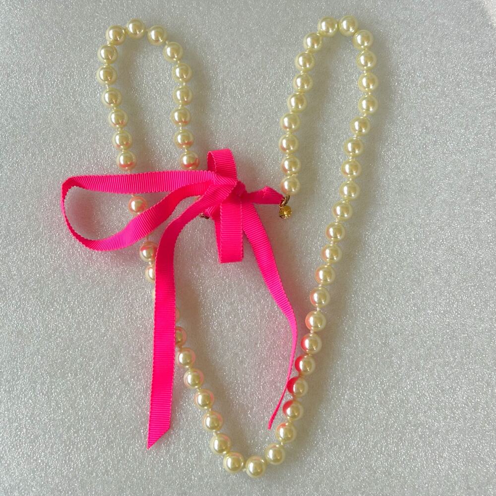 J Crew Faux Pearl Necklace with Hot Pink Ribbon